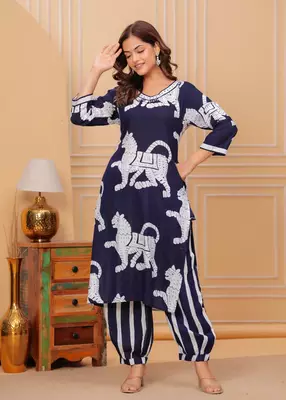 Navy blue printed rayon kurta and pant set 3
