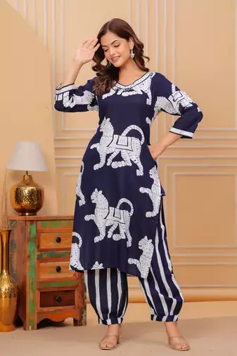 Navy blue printed rayon kurta and pant set