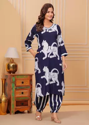 Navy blue printed rayon kurta and pant set 4