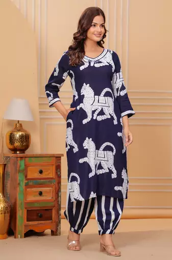 Navy blue printed rayon kurta and pant set