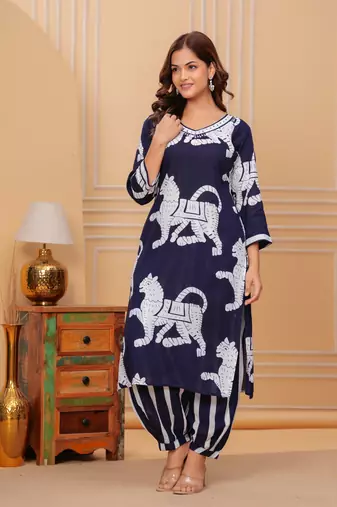 Navy blue printed rayon kurta and pant set