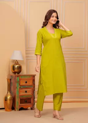 Mustard yellow cotton slub kurta and pant set 1