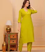 Mustard yellow cotton slub kurta and pant set