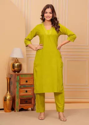 Mustard yellow cotton slub kurta and pant set 2