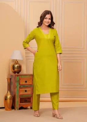 Mustard yellow cotton slub kurta and pant set 3