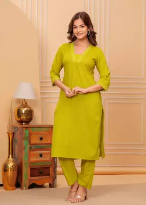 Mustard yellow cotton slub kurta and pant set 5