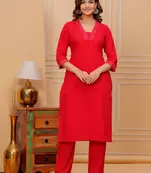 Red cotton slub kurta and pant set