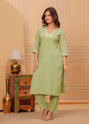 Green mist cotton slub kurta and pant set 1
