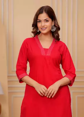 Red cotton slub kurta and pant set 5