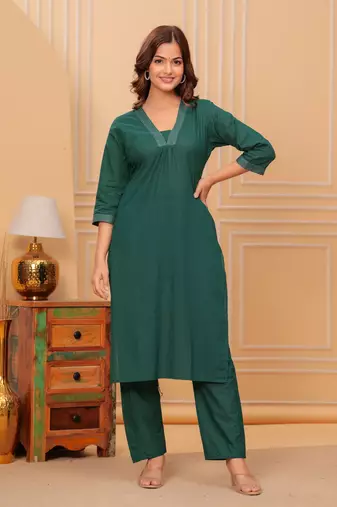 Dark green cotton slub kurta and pant set