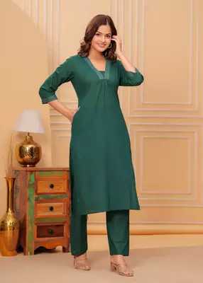 Dark green cotton slub kurta and pant set 2