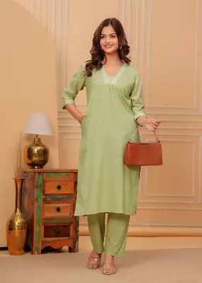 Green mist cotton slub kurta and pant set 4