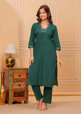 Dark green cotton slub kurta and pant set 3