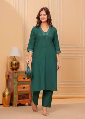 Dark green cotton slub kurta and pant set 4