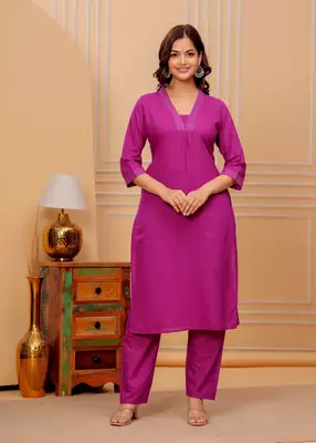 Burnt pink cotton slub kurta and pant set 1