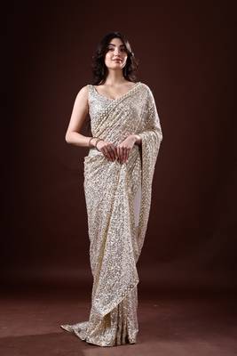 Off-White Georgette Sequins Embroidered Bollywood Sare 4