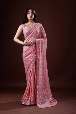PinkGeorgette Sequin Embroidered Saree with Unstitched Blouse 1