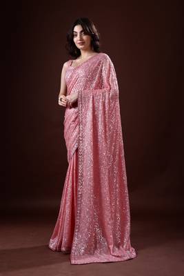 PinkGeorgette Sequin Embroidered Saree with Unstitched Blouse 3
