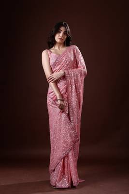 PinkGeorgette Sequin Embroidered Saree with Unstitched Blouse 4