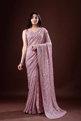 Light Purple Georgette Sequins Embroidered Bollywood Saree 3