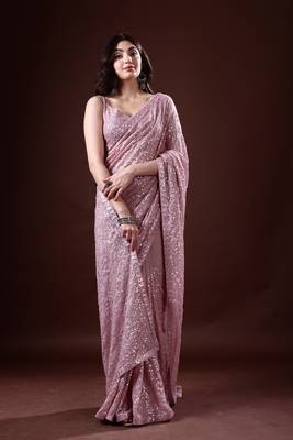 Light Purple Georgette Sequins Embroidered Bollywood Saree 4
