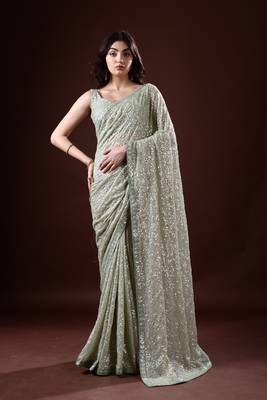 Mint Green Georgette Sequin Embroidered Saree 1