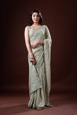 Mint Green Georgette Sequin Embroidered Saree 3