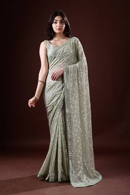 Mint Green Georgette Sequin Embroidered Saree 4