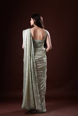 Mint Green Georgette Sequin Embroidered Saree 5