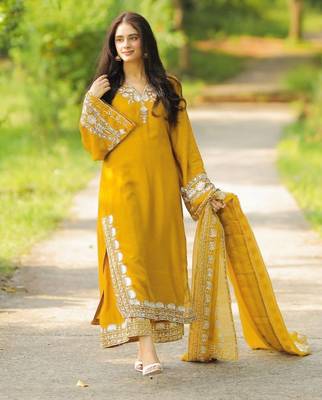 Yellow Colour Maska Silk Designer Embroidery Work Party Wear Fully Stitched Salwar Suit 1