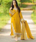 Yellow Colour Maska Silk Designer Embroidery Work Party Wear Fully Stitched Salwar Suit