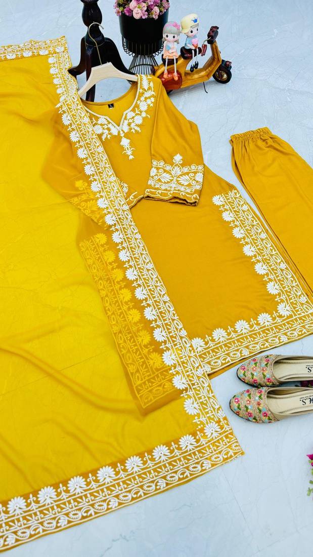Yellow Colour Maska Silk Designer Embroidery Work Party Wear Fully Stitched Salwar Suit