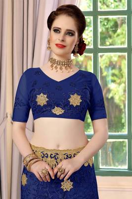 Trendmalls Blue Embroidery net Indian Wedding Or Party Saree With Blouse 6