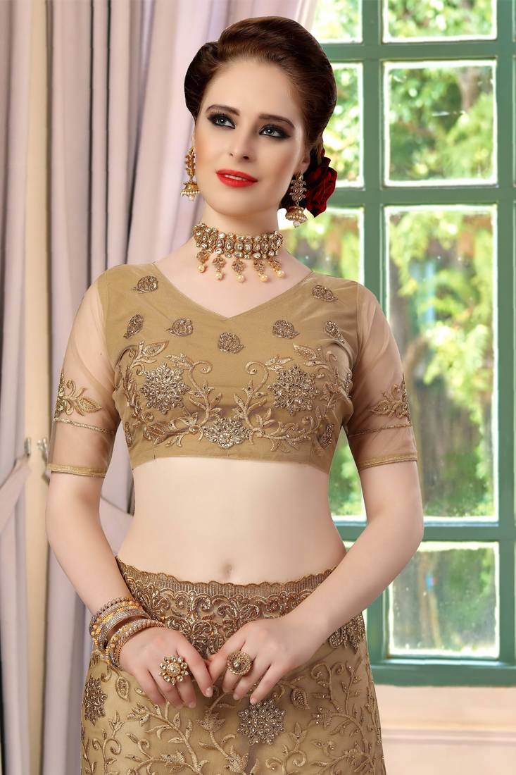 Trendmalls Beige Embroidery net Indian Wedding Or Party Saree With Blouse