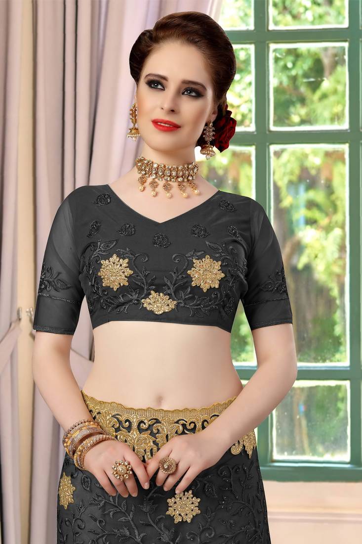Trendmalls Black embroidered net Party Wear Saree With Blouse