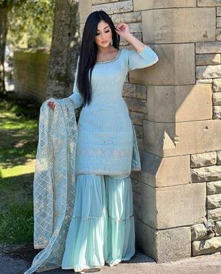Sky Blue Colour Beautiful Faux Georgette Fabric Fully Stitched Sharara Suit 1
