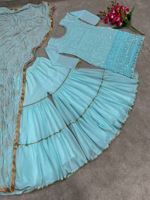 Sky Blue Colour Beautiful Faux Georgette Fabric Fully Stitched Sharara Suit 3