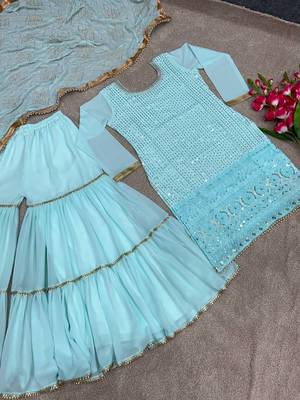 Sky Blue Colour Beautiful Faux Georgette Fabric Fully Stitched Sharara Suit 4