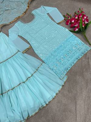 Sky Blue Colour Beautiful Faux Georgette Fabric Fully Stitched Sharara Suit 5