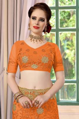 Trendmalls Orange Embroidery net Indian Wedding Or Party Saree With Blouse 6