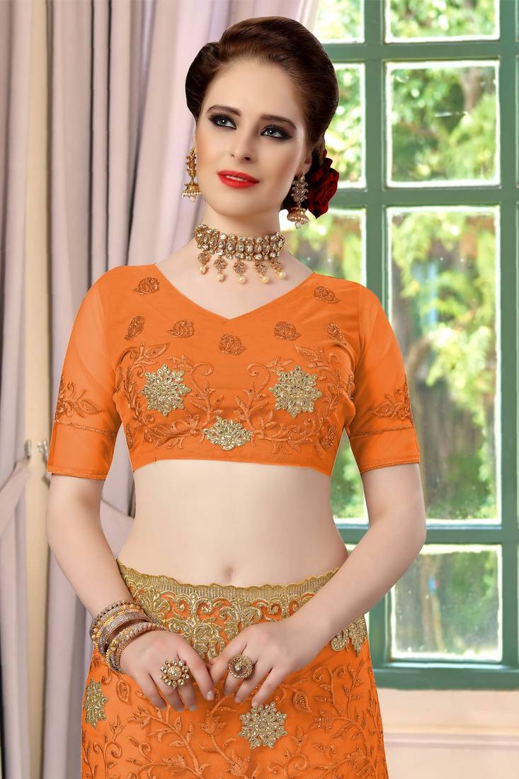 Trendmalls Orange Embroidery net Indian Wedding Or Party Saree With Blouse