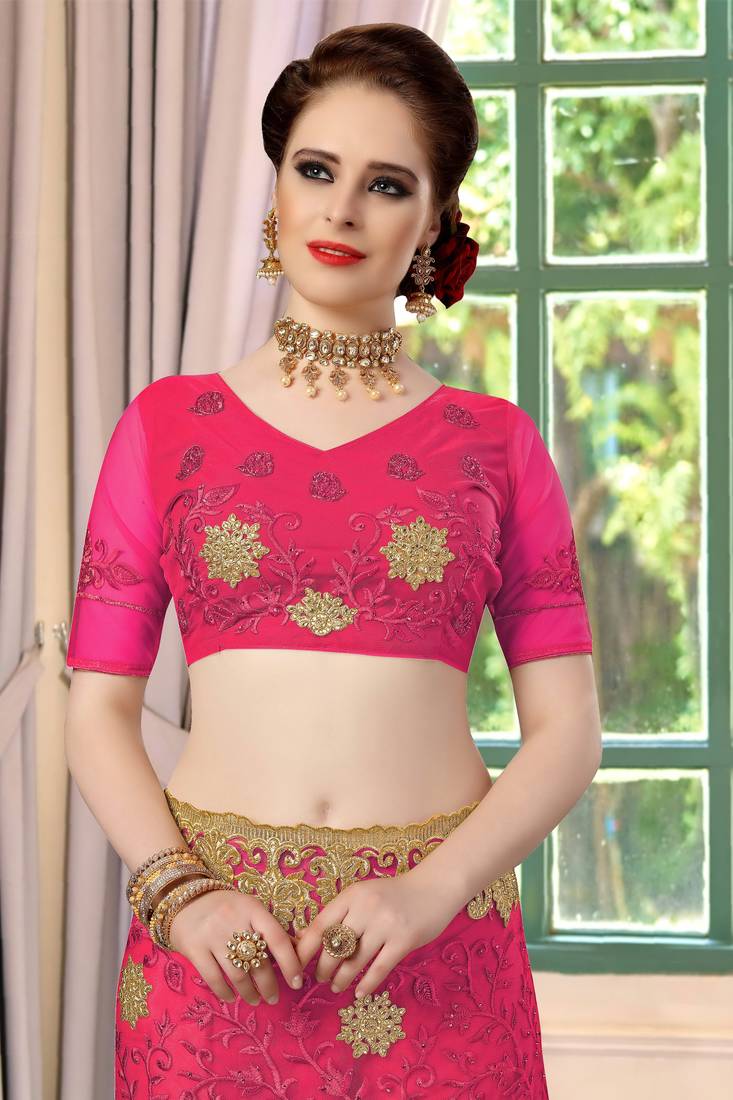 Trendmalls Trendmalls Pink embroidered net Party Wear Saree With Blouse