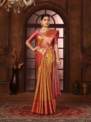 Gold woven design kanjeevaram silk blend saree with blouse 1