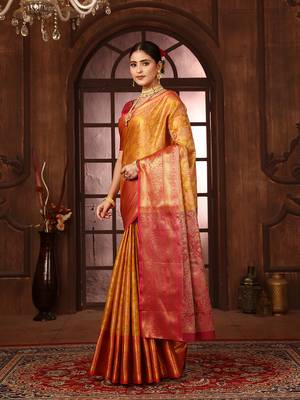 Gold woven design kanjeevaram silk blend saree with blouse 2