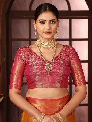 Gold woven design kanjeevaram silk blend saree with blouse 4