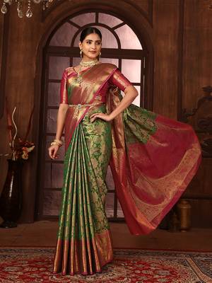 Green woven design kanjeevaram silk blend saree with blouse 1