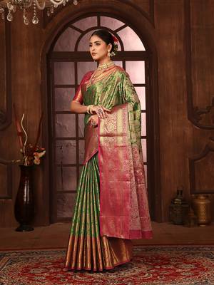Green woven design kanjeevaram silk blend saree with blouse 2