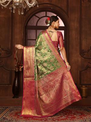 Green woven design kanjeevaram silk blend saree with blouse 3