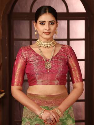 Green woven design kanjeevaram silk blend saree with blouse 4