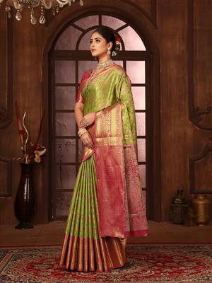 Mintgreen woven design kanjeevaram silk blend saree with blouse 2